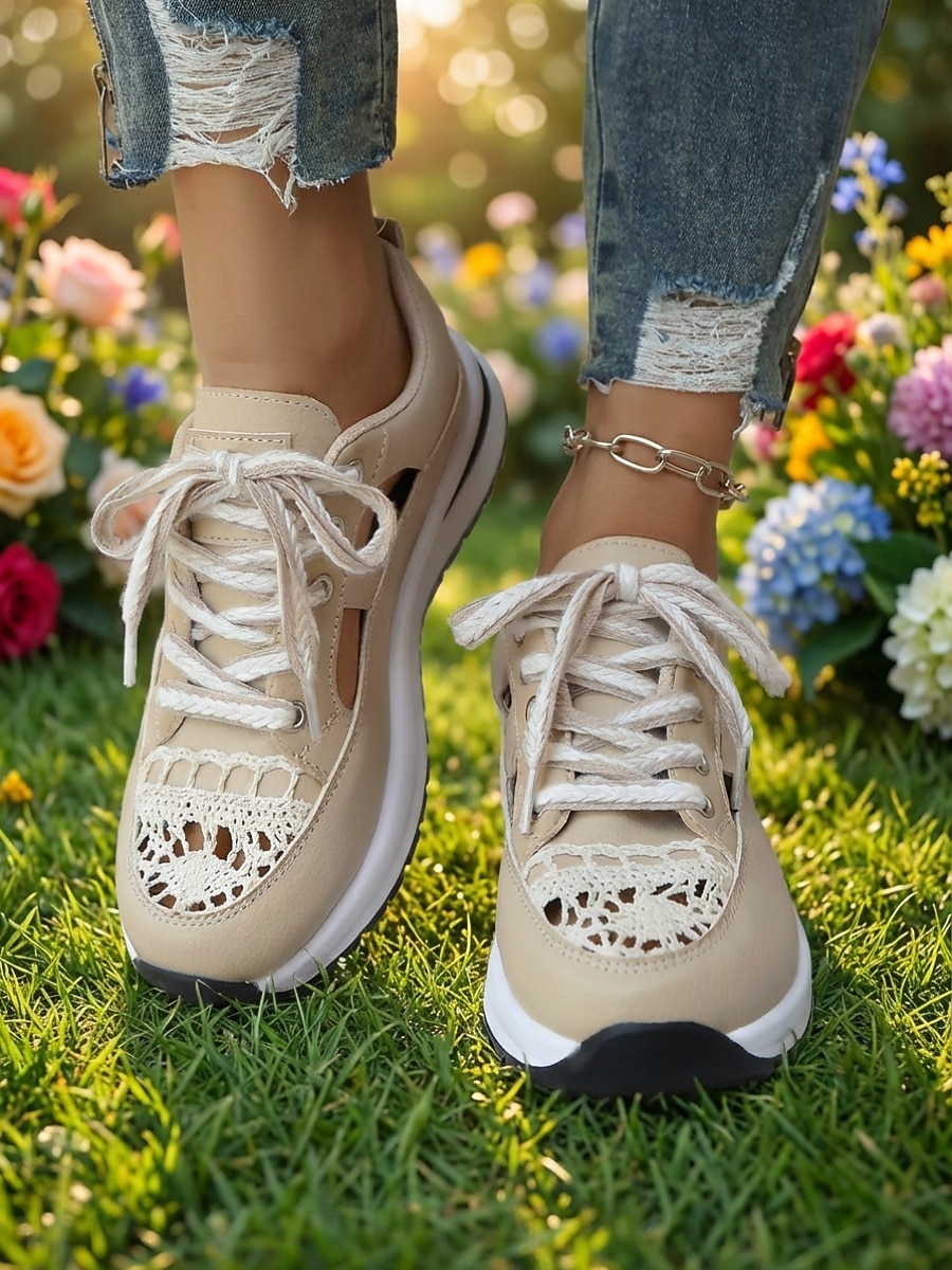 Zapatillas beige con cortes para mujer: zapatos informales transpirables con cordones para uso diario, para caminar y viajar. 2026 - $26.99 –P3