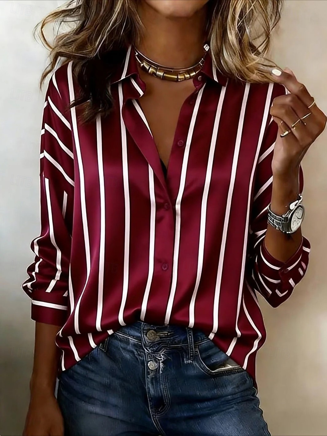 Per donna Camicia Grafico Geometrico Blocco di colori Vintage Elegante Moderno Manica Lunga Colletto a Camicia Top corti Quotidiano Ferie Blu Rosso Azzurro cielo Estate Primavera del 2026 a $28.99 –P1