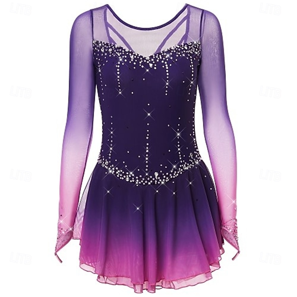 Figure Skating Dress Women's Ice Skating Dress Dark Pink Black White Patchwork Open Back Stretchy Training Competition Skating Wear Classic Crystal / Rhinestone Long Sleeve Ice Skating Figure Skating 2026 - $248.09 –P13