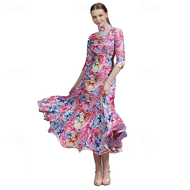 Ballroom Dance Dress Floral Print Pleats Women's Party Training Performance 3/4 Length Sleeve High Elastane 2026 - $119.99 –P3