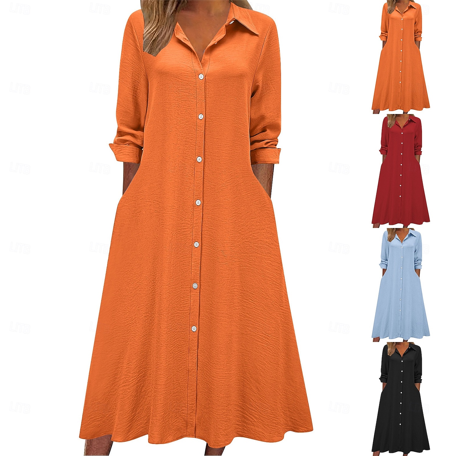 Femmes Robe Midi Robe Chemise Robe Décontractée Robe trapèze Robe en faux lin Mode Basique Moderne Quotidien Vacances Sortir Coupe régulière Uni manche longue Col de chemise Bleu Noir Vin Orange de 2026 ? $28.99 –P2