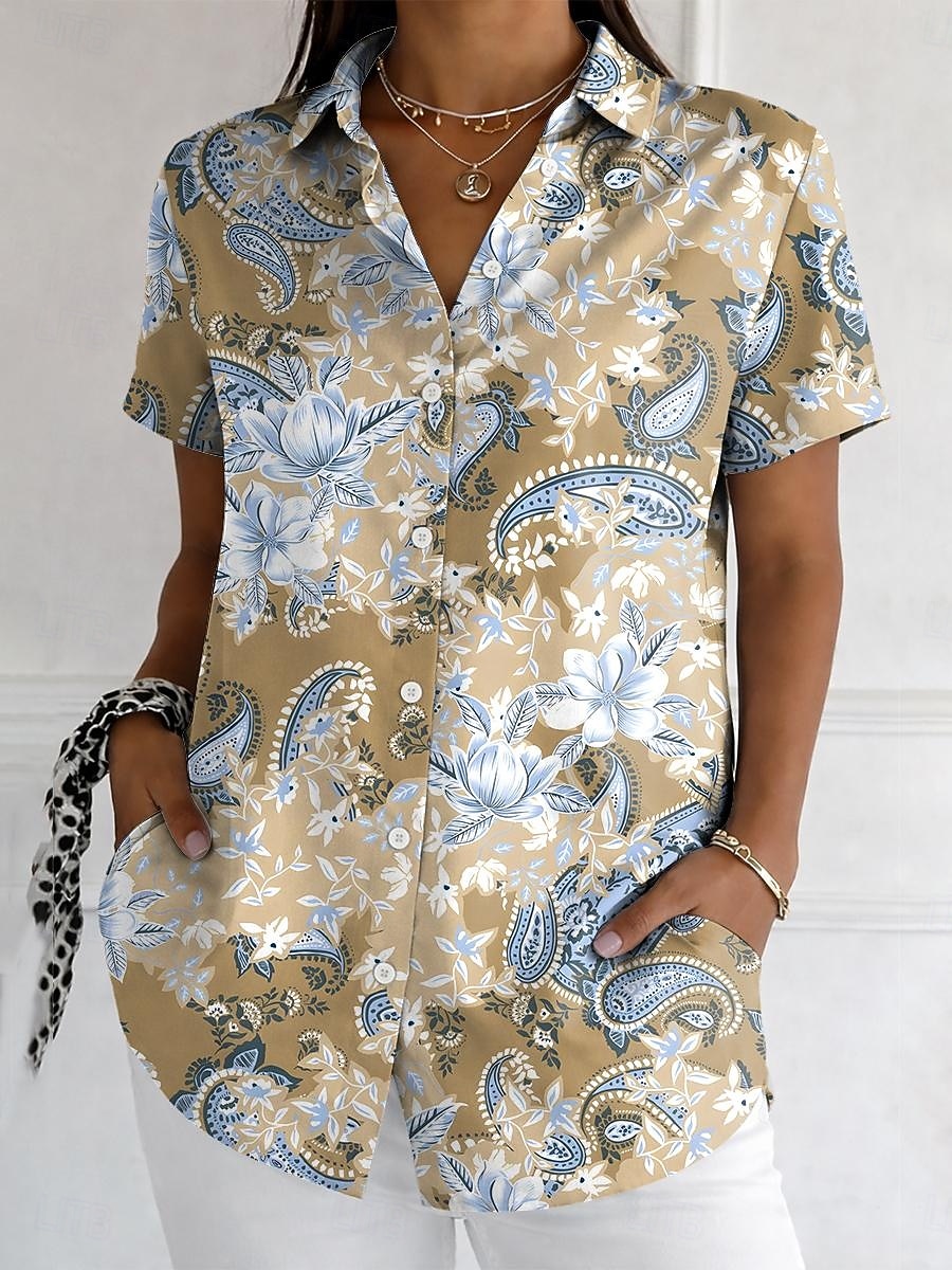 Mulheres Camisa Social Botões Imprimir Gráfico Estampado Cashemere Vintage à moda Moderno Manga Curta Colarinho de Camisa Tops regulares Diário Azul Roxo Verde Cáqui Verão Primavera de 2026 por $26.99 –P4