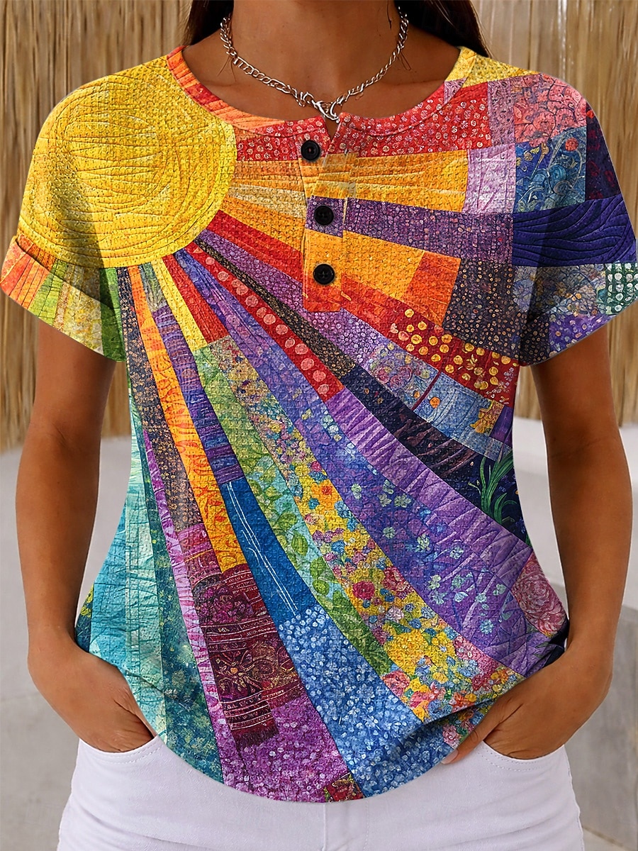 Dámské Waffle T-shirt s potiskem grafiky geometrické vintage stylové klasické krátký rukáv kulatý výstřih pravidelné topy denní černá a bílá černá bílá žlutá červená léto jaro 2026 - $21.99 –P7