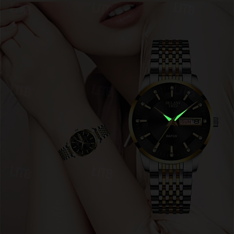 Luxe dameshorloge, tweekleurige goud-zilveren roestvrijstalen band, lichtgevende wijzers met datum- en dagweergave, elegante zwarte wijzerplaat met diamanten accenten, een stijlvol polshorloge voor 2026 - $22.99 –P9