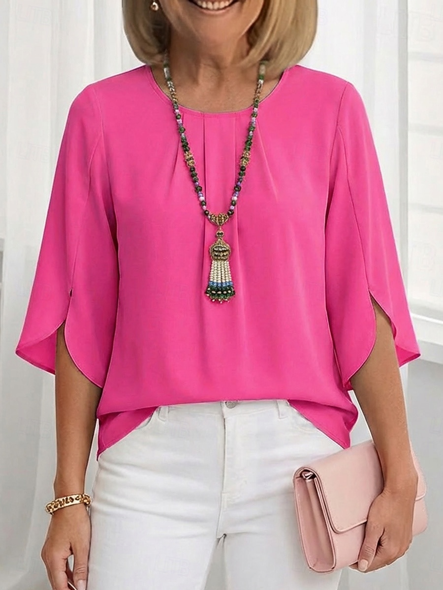 Dames Blouse Chiffon-topjes Met ruches Effen Actief Stijlvol Halve mouw Strakke ronde hals Normale tops Dagelijks Feestdagen Uitgaan Zwart Wit Lichtgroen Wijn Marineblauw Zomer Lente 2026 - $21.99 –P1
