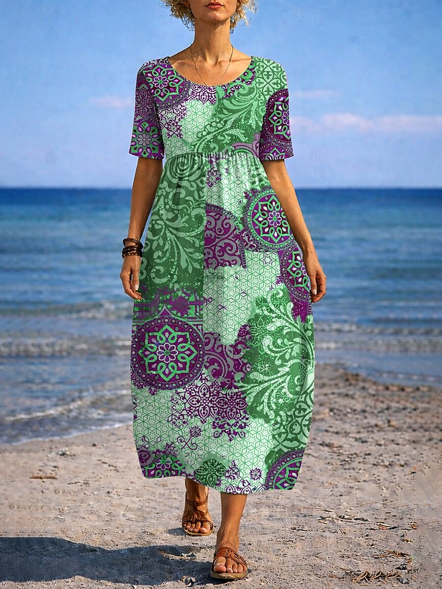 Per donna Abito maxi Abito a trapezio Abito Estivo Vacanza Casual Quotidiano Ferie Vestibilità comoda Grafico Paisley Tribale Mezza Manica Girocollo Cammello Viola Verde Estate del 2026 a $33.99 –P3