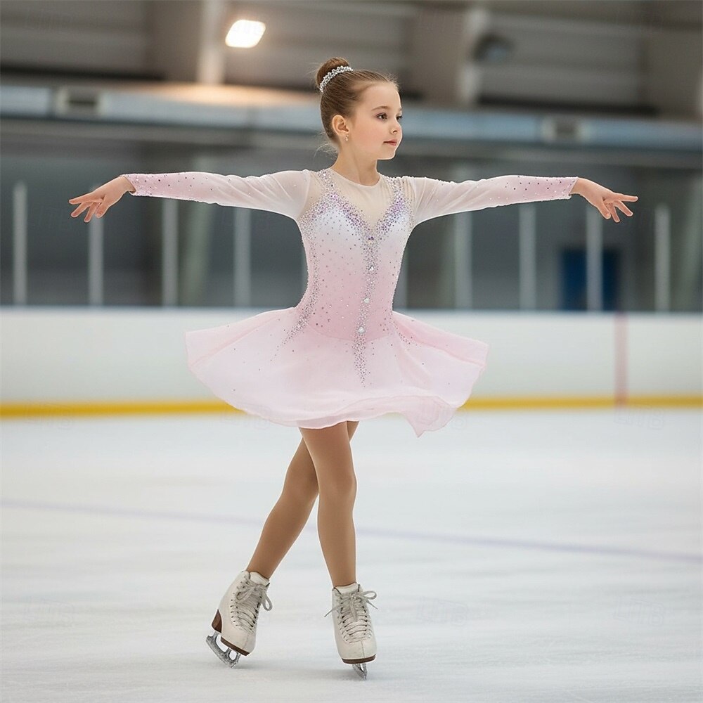 Abito da pattinaggio artistico Ragazze Pattinaggio sul ghiaccio Vestito Rosa Patchwork Schiena aperta Elasticizzato Allenamento Competizione Vestiti da pattinaggio sul ghiaccio Classico Cristallo del 2026 a $221.89 –P2