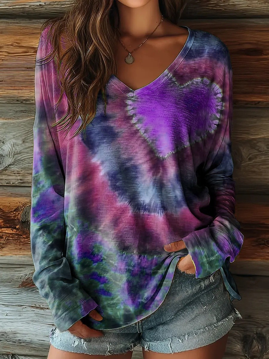 Women's T Shirt Print Heart Tie Dye Vintage Casual Boho Long Sleeve V Neck Regular Tops Daily Blue Yellow Red Purple Green Spring Fall 2026 - $19.99 –P7