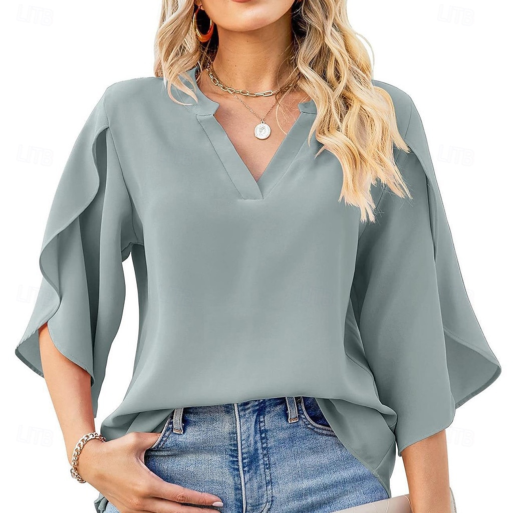 Per donna Camicia Camicia Estiva Camicia casual Top in chiffon Volant Tinta unica Semplice Elegante Vacanza Moda Mezza Manica Scollo a V Top Regolari Quotidiano Ferie Uscire Nero Bianco Rosa Verde del 2026 a $26.99 –P3