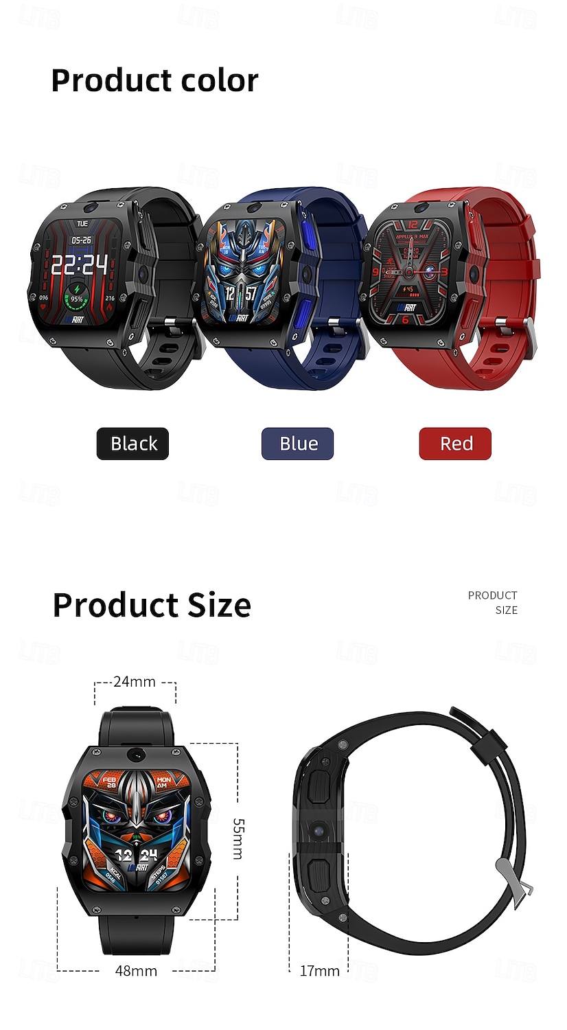 Lokmat appllp 3 max smartwatch 2,02 cala 4G LTE komórkowy smartwatch telefon krokomierz przypomnienie o połączeniach monitor aktywności kompatybilny z Androidem, iOS, GPS unisex, połączenia bez użycia rąk, sterowanie multimediami ipx-4 55 mm 2026 - $334.49 –P4