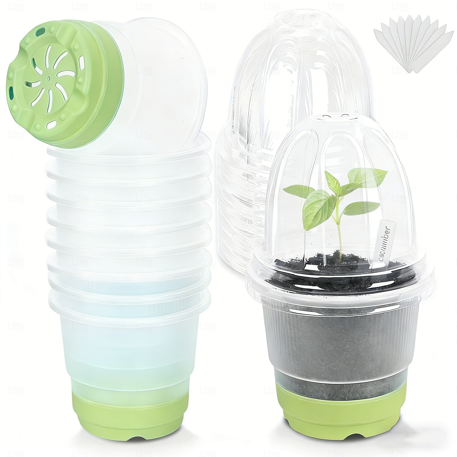 2026年 蓋付きスタータートレイと植物ラベル付きの4インチ苗カップ10個、透明な苗ポット、補強されたベース付きの再利用可能なプラスチック植木鉢、移植が簡単 &種まき  コレクション – $28.99 –P2