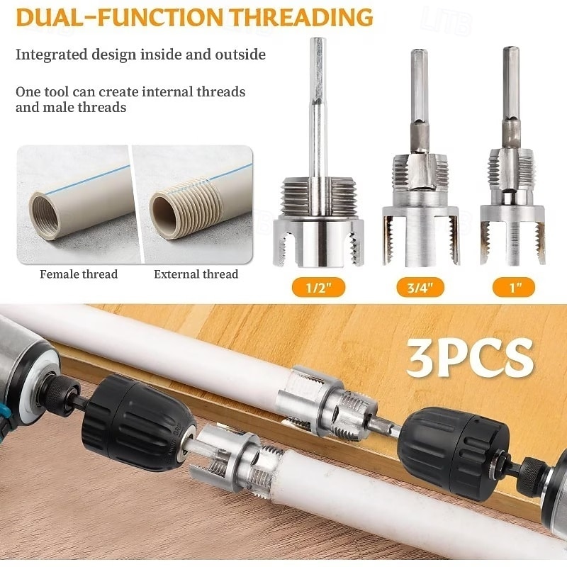 3 db integrált belső &külső csőmenetvágó szerszám, kettős funkciójú csőmenetvágó szerszám 1/2"-hoz &3/4" &1"-os PVC/műanyag csövekhez, elektromos fúróval kompatibilis csőmenetvágó készlet 2026 - $19.99 –P9