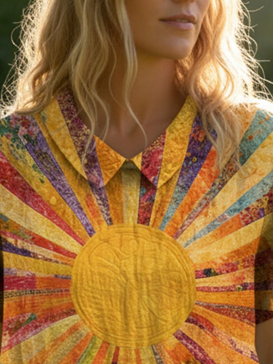 женская блузка пуговицы принт графический рисунок солнце отпуск повседневная повседневная короткий рукав текстурированная ткань рубашка воротник обычный топы повседневный отдых выход на улицу 2026 - $19.99 –P2