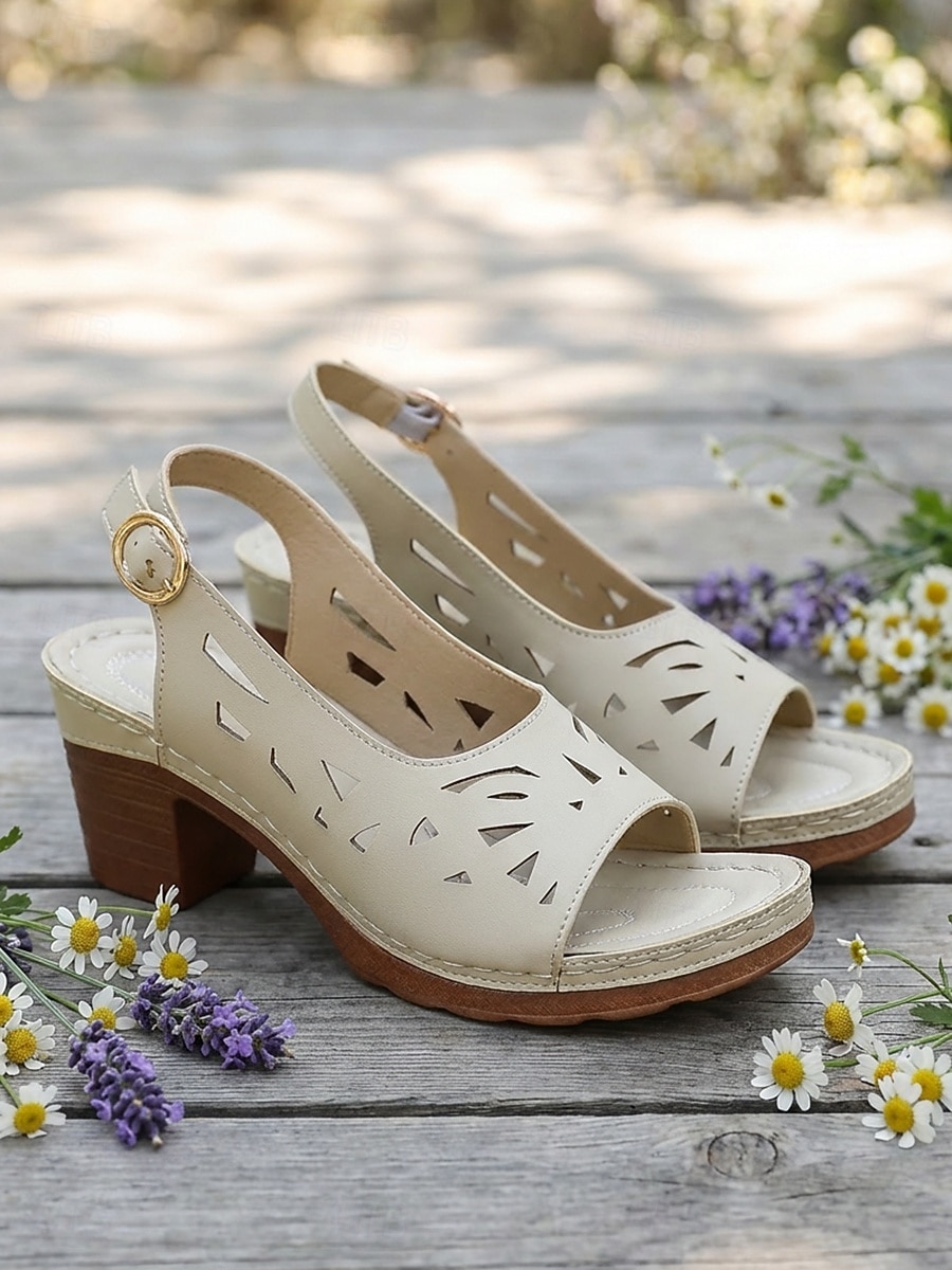 Sandalias de tacón abierto con aberturas para mujer: sandalias de piel sintética beige con tacón grueso para salidas de verano, fiestas en el jardín y elegancia diaria. 2026 - $24.99 –P6