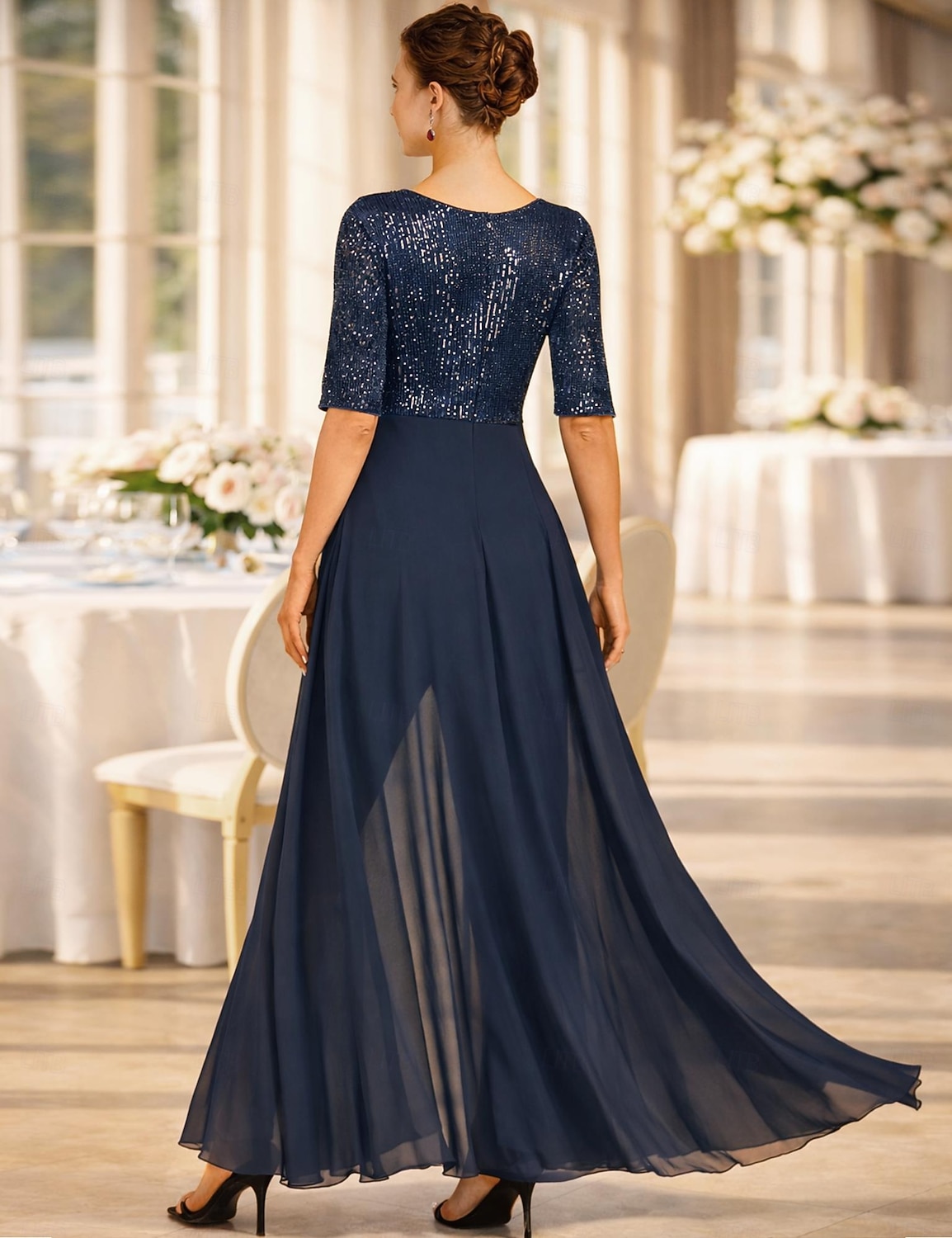 Jumpsuit Pantsuit Ankle Length Mother of the Bride Dress Half Sleeve Scoop  Neck Elegant Formal Wedding Guest Chiffon Sequined with Bow(s) Sequin 2026  - $149.99