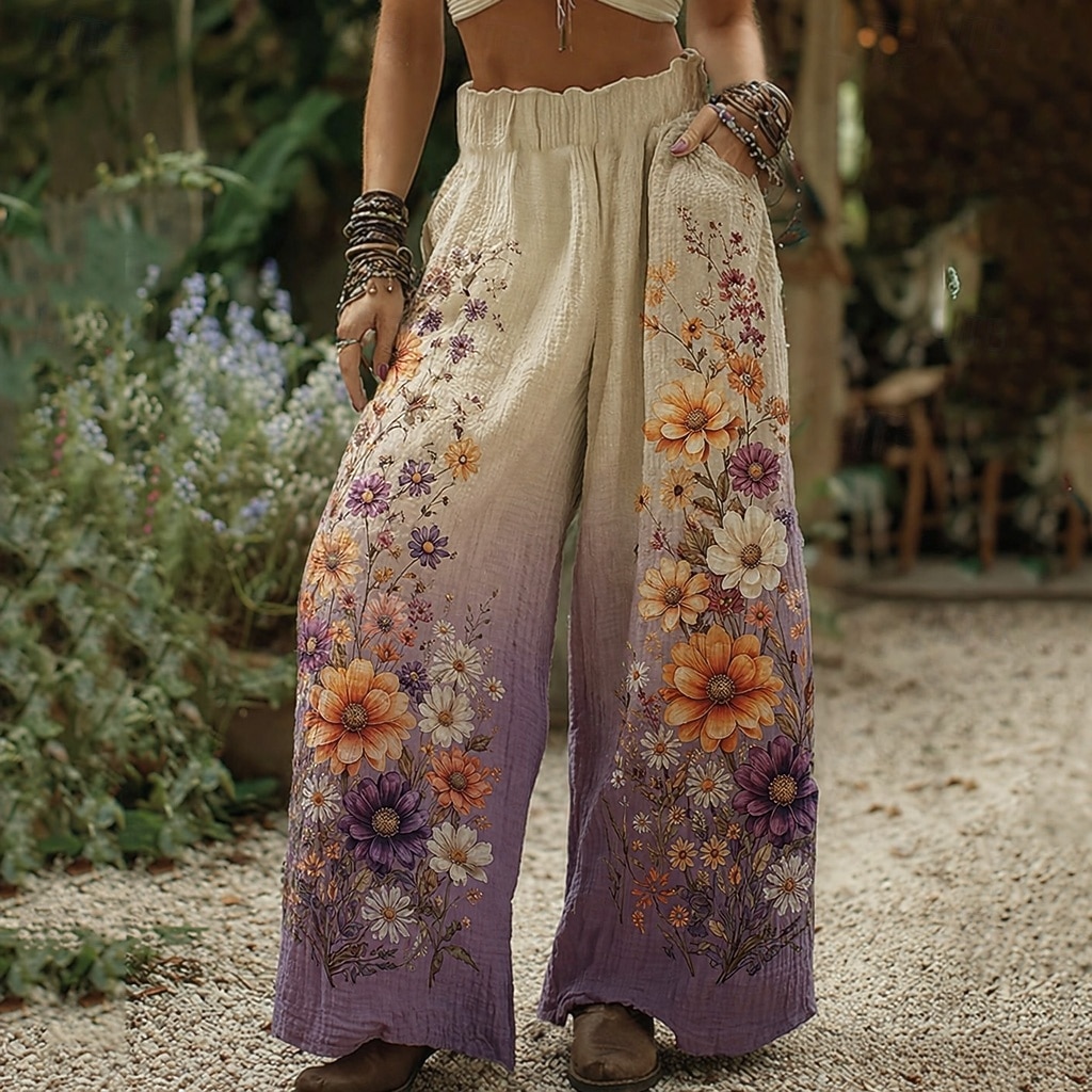 Dames Breed Been Broeken Palazzo-broek Vintage Boho Volledige lengte Hoge taille Bloem Elastische taille Opdrukken Ademend Comfortabel Straat Alledaagse kleding Uitgaan Licht Paars Oranje Groen Beige 2026 - $22.99 –P6