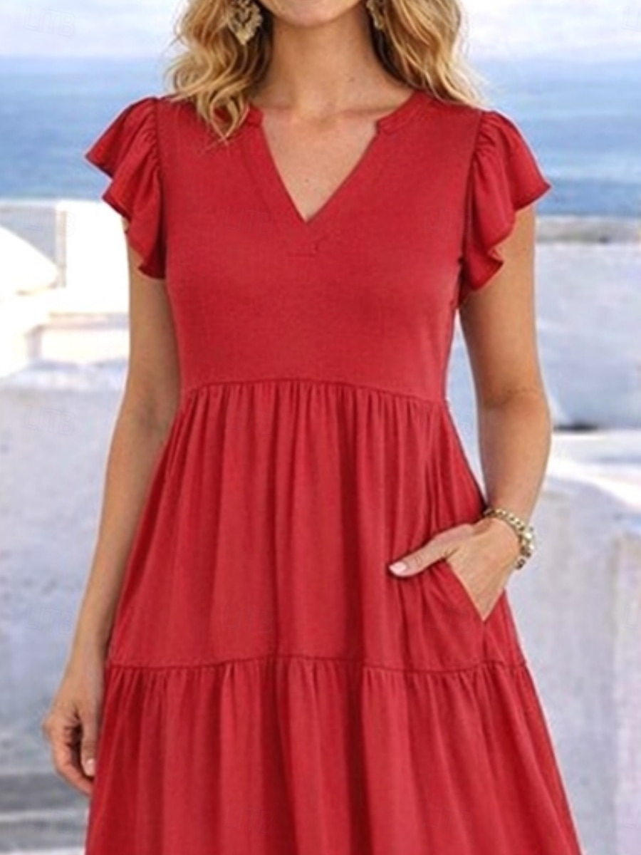 Per donna Abito Midi Abito a trapezio Abito Estivo Casual Quotidiano Vestibilità regolare Semplice Manica Corta Scollo a V Rosso Estate del 2026 a $29.99 –P3
