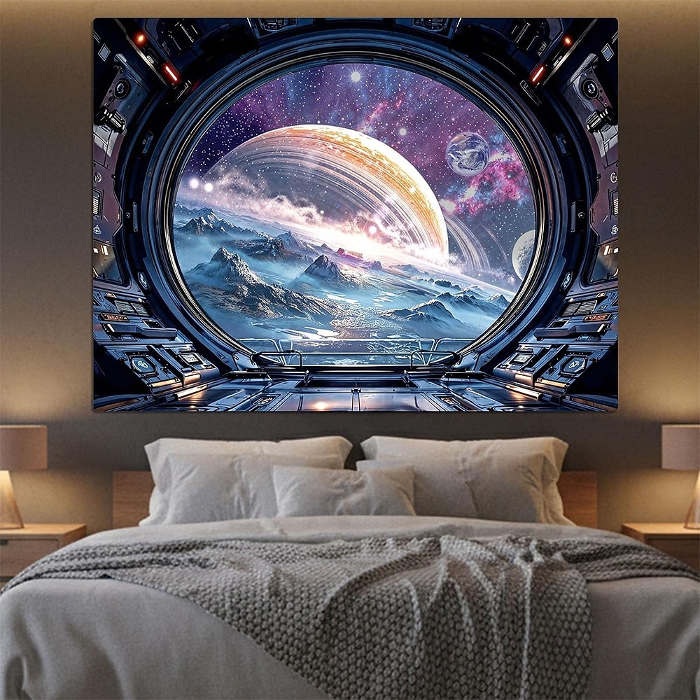 Spaceship Porthole View Outer Space Galaxy Universe Ringed Planet Nebula Stars Icy Moon Landscape Sci-Fi Window Wall Tapestry Hanging for Gaming Room Decor Bedroom Office Backdrop 2026 - E£1124.93 –P3
