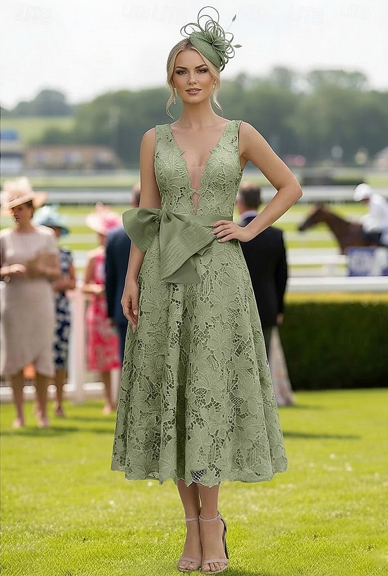 Linea ad A Lunghezza alla caviglia Lunghezza Tè Abiti da Cocktail Elegante Floreale Senza Maniche Scollo a V Matrimonio Formale Pizzo Schiena a V con Fiocco/Fiocchi Ricamo Applicazioni del 2026 a $194.99 –P4