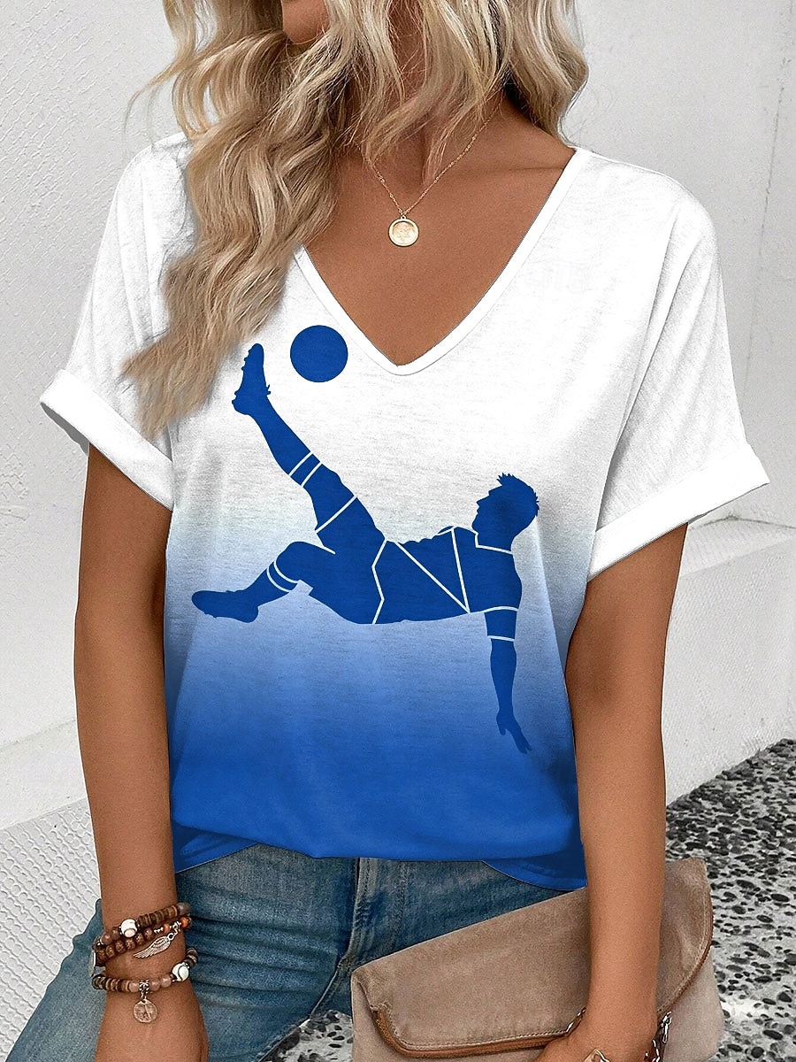World Soccer Match 2026 Women's T Shirt Print Ombre Graphic Color Block Vintage Stylish Classic Short Sleeve V Neck Regular Tops Daily Weekend Vacation Wear Blue White-Blue White Summer Spring 2026 - $21.99 –P2