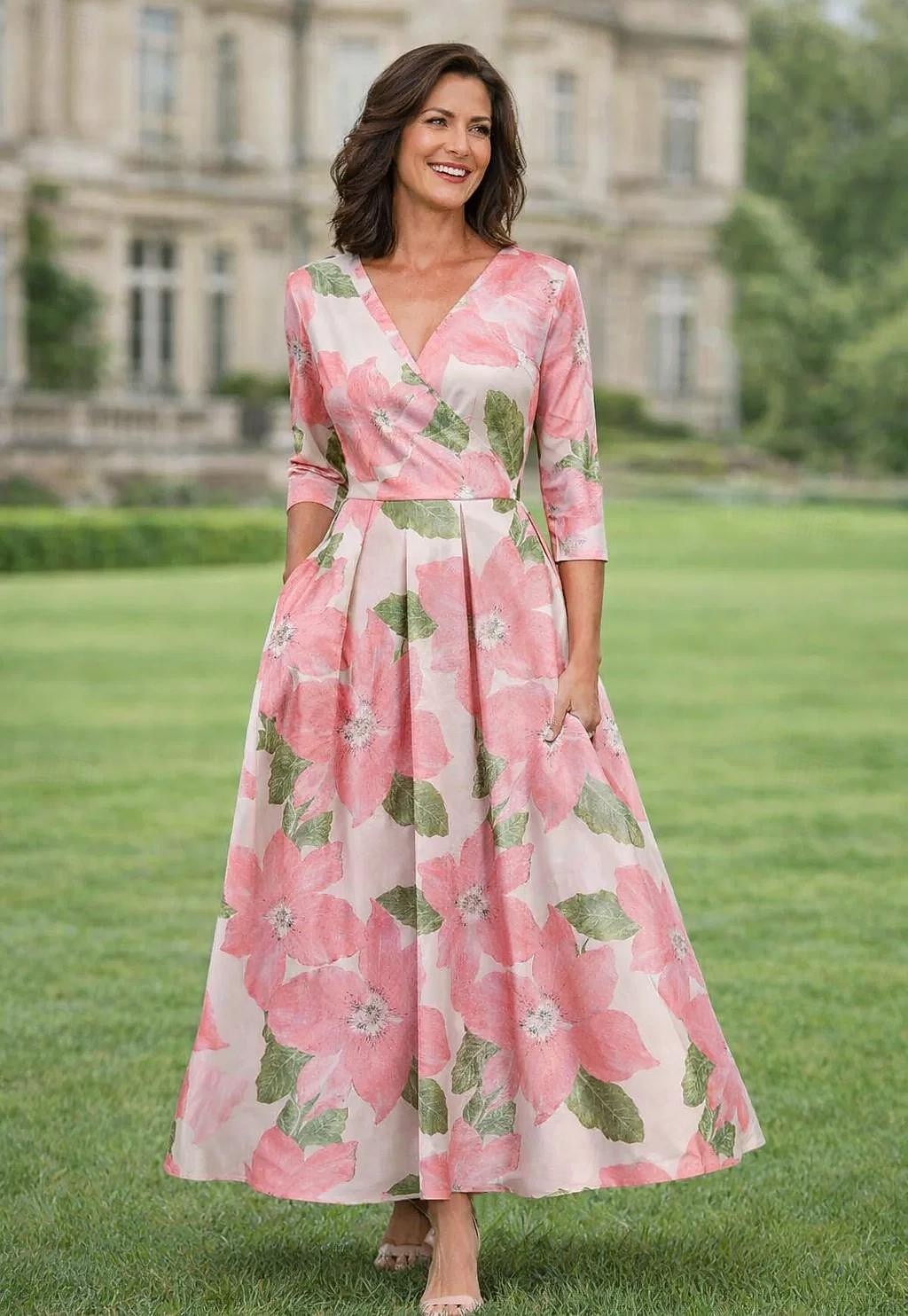 Linea ad A Lunghezza Tè Abiti da Cocktail Elegante Floreale Mezza Manica Scollo a V Festa in giardino Formale Tasca Raso con Stampa floreale Pieghe Arricciato del 2026 a $171.99 –P1
