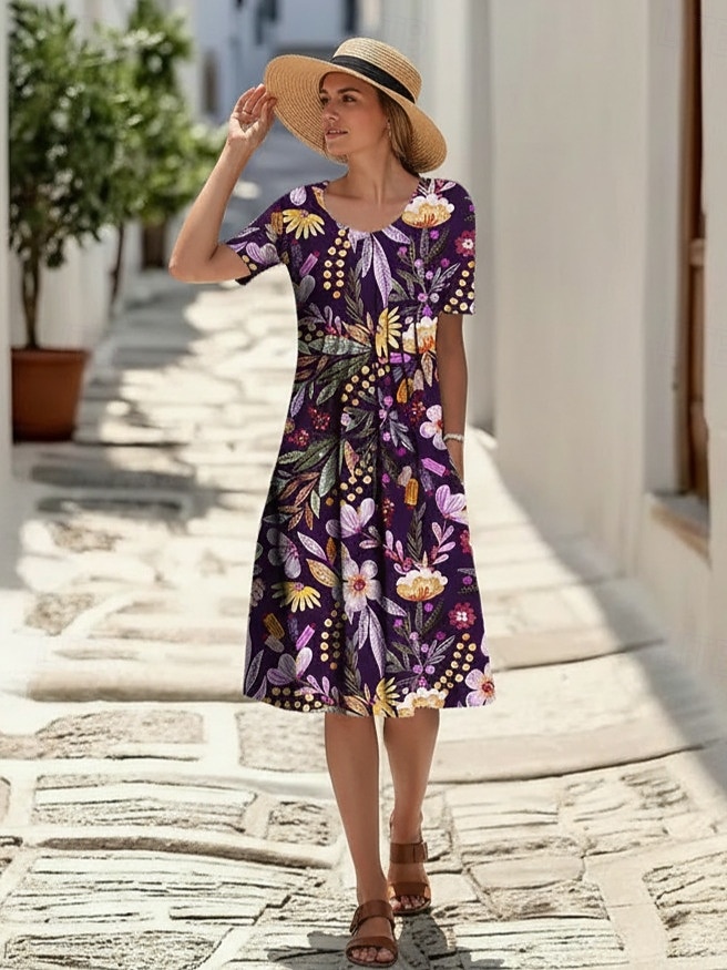 Women's Midi Dress Faux Cotton Linen Shift Dress Casual Dress Summer Dress Fashion Modern Daily Beach Weekend Regular Fit Floral Short Sleeve Crew Neck Blue White Red Navy Blue Summer 2026 - $27.99 –P1