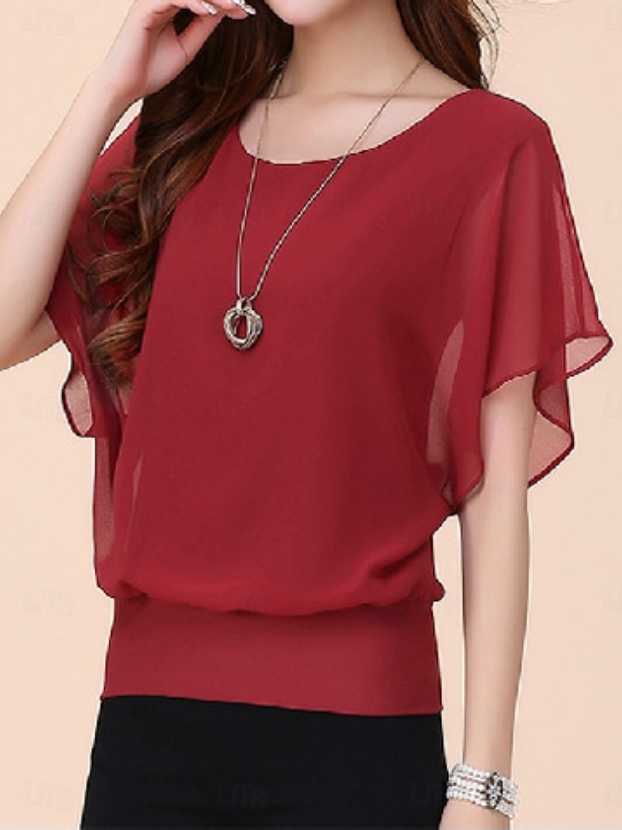 Mujer Camiseta Retazos Plano Casual Manga Corta Cuello Barco Tops regulares Diario Noche Fin de semana Negro Blanco Rojo Azul Real Morado Verano Primavera 2026 - $21.99 –P1