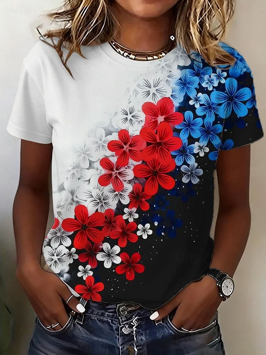 Giorno dell'Indipendenza Americana Per donna Maglietta Stampato Grafico Lettera Bandiera Americana Elegante Classico Casual Manica Corta Girocollo Top Regolari Quotidiano Blu Nero Bianco Rosso Estate del 2026 a $22.99 –P2