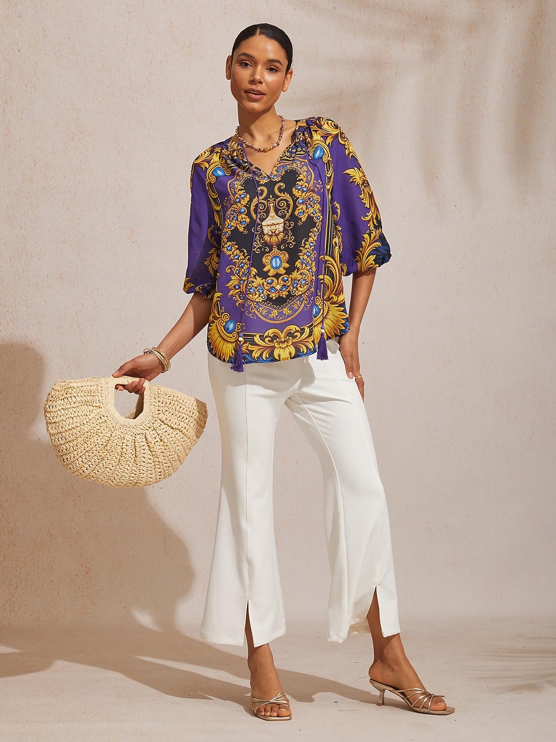 Топ из барочного шифона темно-синего цвета с рукавами 3/4 2026 - $67.99 –P2