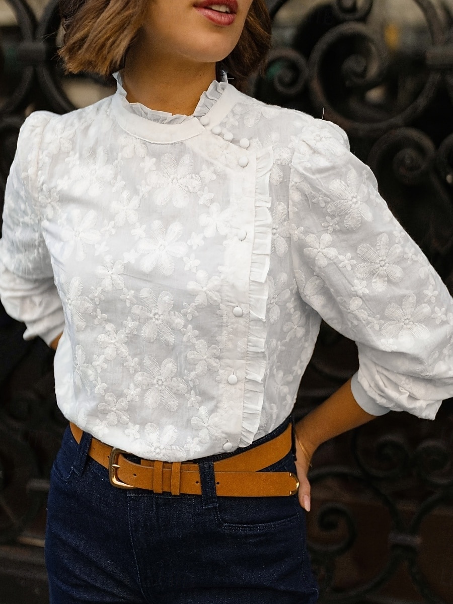 Mujer Camisa Blusa Bordado Floral Elegante Clásico Moderno Manga Larga Escote Chino Tops regulares Diario Festivos Noche Blanco Verano Primavera 2026 - $36.99 –P4