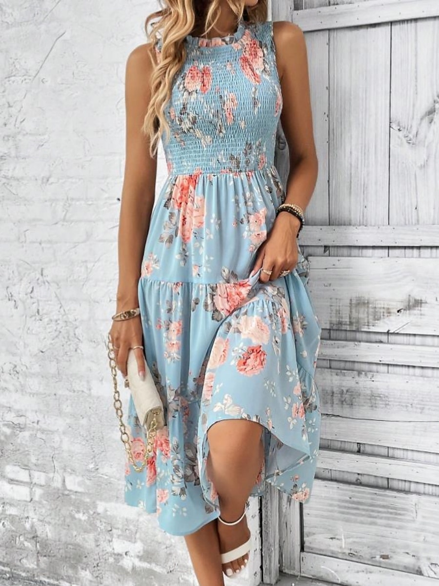 Damskie Sukienka midi Codzienne sukienki Sukienka A line Sukienka w kwiatki Elegancja Moda Nowoczesny Na zewnątrz Urlop Wyjściowe Regularny Kwiaty Bez rękawów Półgolf Niebieski Biały Rumiany róż Lato 2026 - $27.99 –P9
