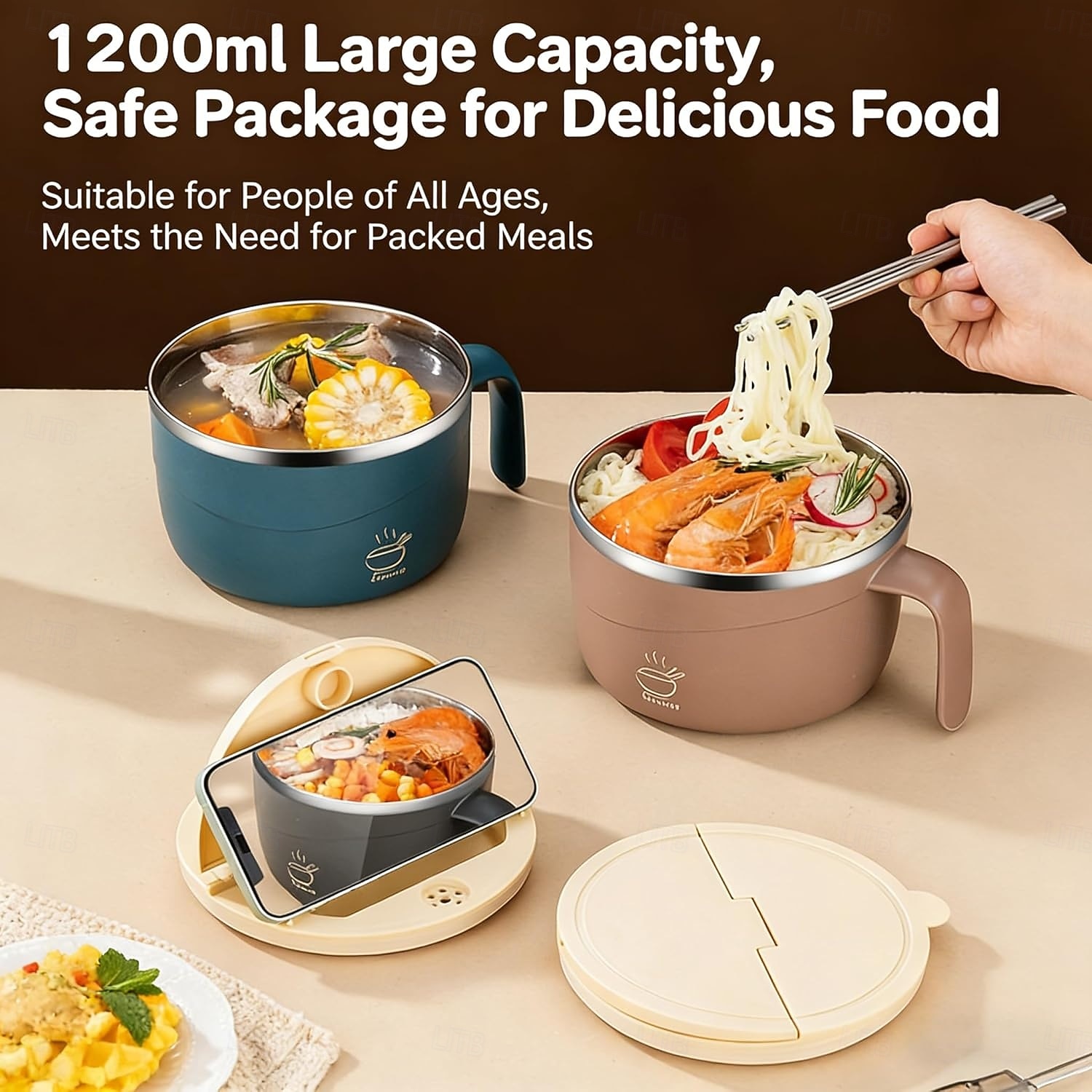 304 rustfritt stål nudelskål med lokk og håndtak, 1200 ml ramenskål med stor kapasitet, dobbeltvegget skåldingssikker suppeskål, bærbar matbeholder for studenthjem, kontor, hjemmebruk 2026 - $16.99 –P11