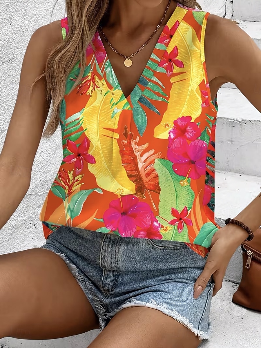 Women's Tank Top Floral Graphic Plants Elegant Vintage Tropical Sleeveless V Neck Regular Tops Daily Red Orange Summer Spring 2026 - $22.99 –P1