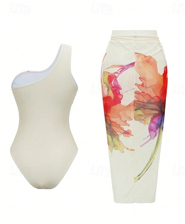 Mulheres Roupa de Banho 2 partes Monoquíni Saia roupa de banho Compressão abdominal Cintura Alta Delgado Frente Única Férias Roupa de Praia Floral Pescoço Assimétrico Sem Manga Fatos de banho de 2026 por $29.99 –P19