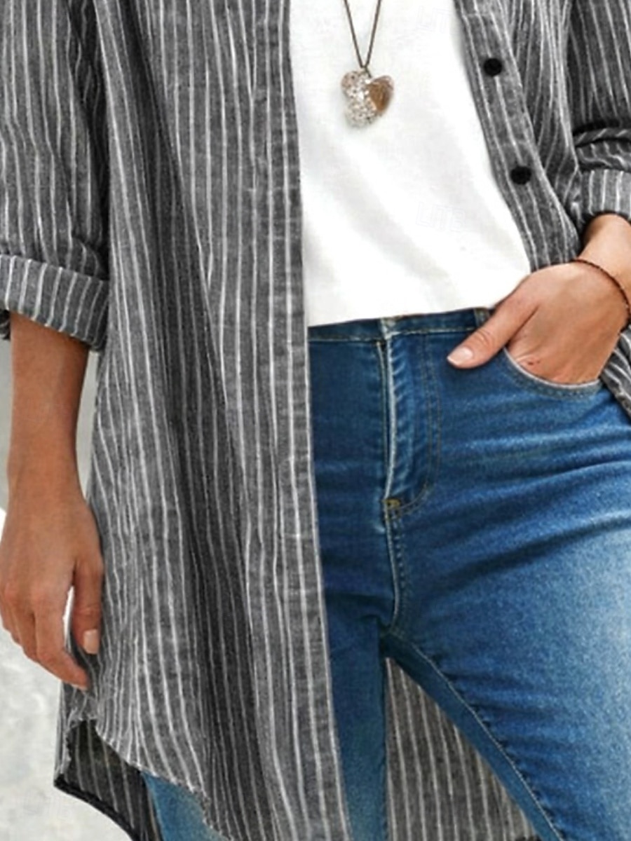 Dame Bluse Knapper Trykt mønster Stripet Årgang Stilfull Fritid Langermet Skjortekrage Lange topper Daglig Svart Sommer Vår Høst 2026 - $24.99 –P3