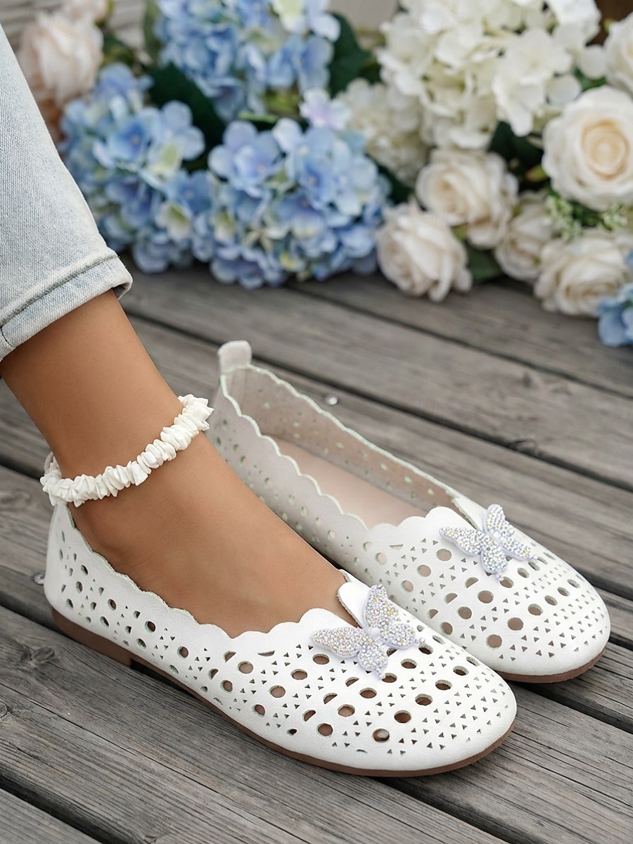 Sapatos femininos brancos de bico largo com borboleta de strass – mocassins vazados macios e respiráveis para uso casual, viagens e dia a dia. de 2026 por $19.99 –P4