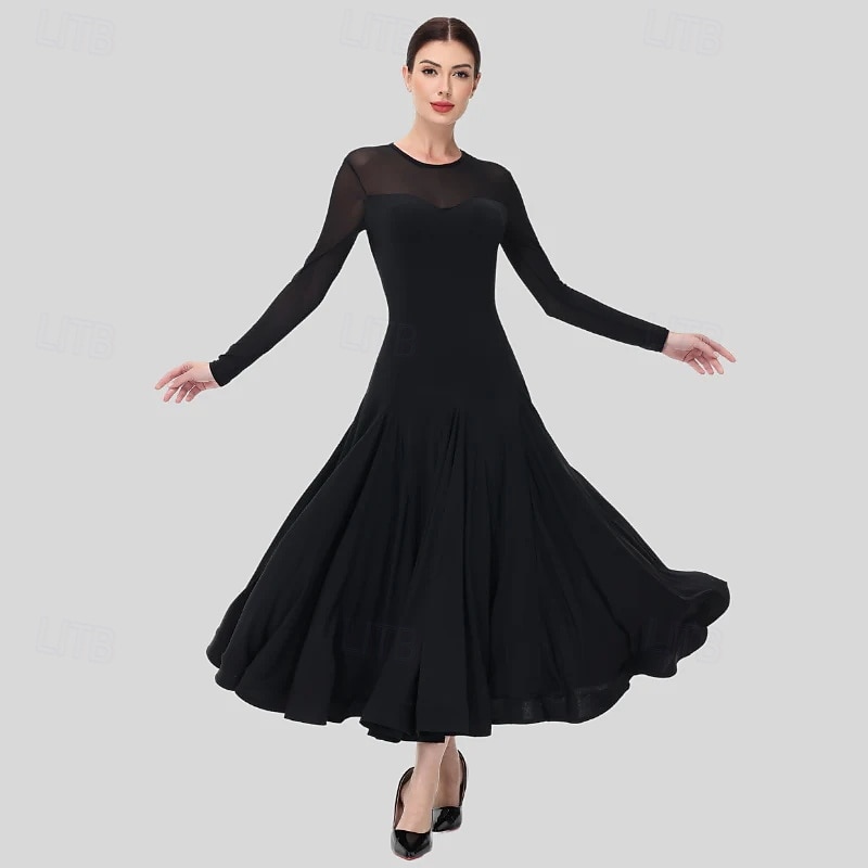 Ballroom Dance Dress Rhinestone Pleats Pure Color Women's Party Training Performance Long Sleeve High Spandex Polyester 2026 - $221.19 –P1