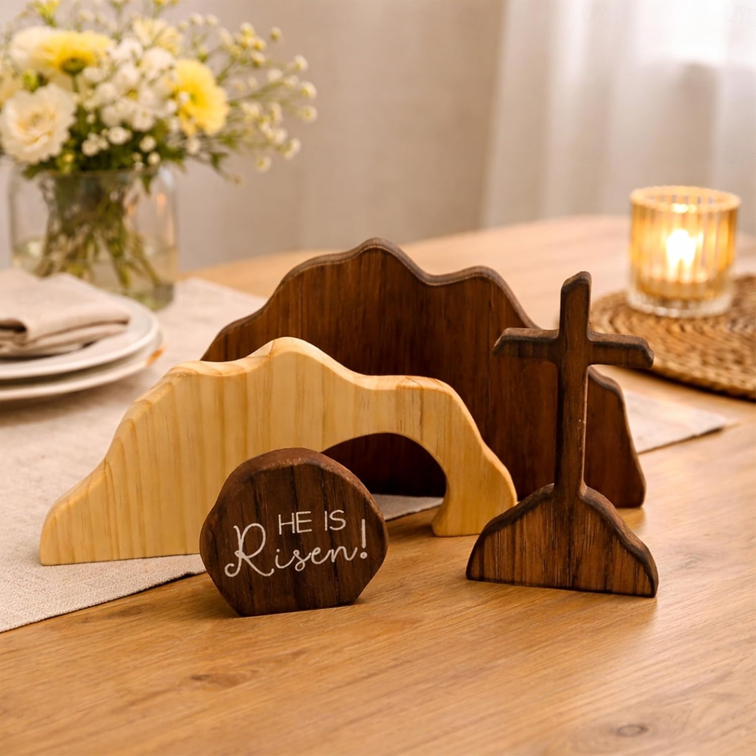 Pasen: Hij is opgestaan, christelijke decoratie, leeg graf, kruis, paasdecoratie voor thuis, houten paastafereel met opstanding, tafeldecoratie, schoorsteenmanteldecoratie, kantoordecoratie, 2026 - $23.99 –P6