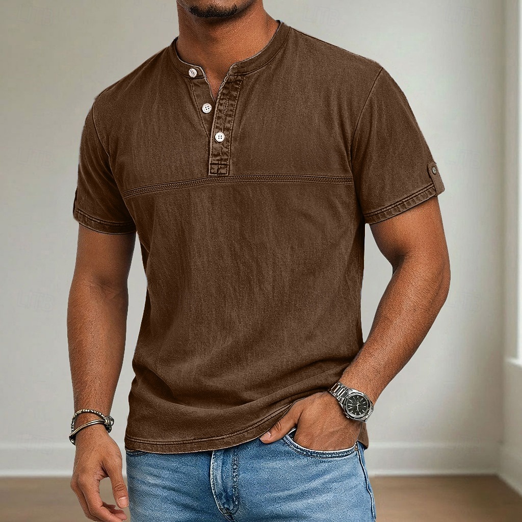 Men's Henley Shirt 100% Cotton Acid Wash Shirt Short Sleeve Henley Summer Spring Fall Plain Retro Vintage Casual Vintage Style Washed Casual Light Blue Dark Brown Black Top Tee for Men 2026 - $31.99 –P9