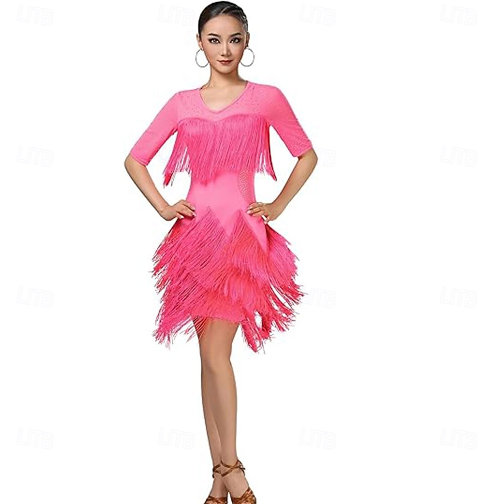 Baile Latino Vestido Pedrería Borla Mujer Fiesta Entrenamiento Rendimiento Media Manga Cintura Alta Nailon Encaje Licra 2026 - $96.99 –P8