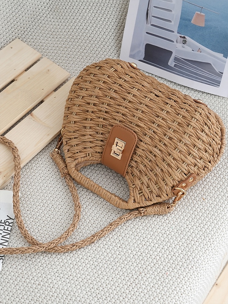 Damväska i vävd stråaxelrem, beige och khakifärger, lätt sommarväska med justerbar rem, bohemisk chic-stil, perfekt för semester, resor och vardagsbruk 2026 - $26.99 –P9