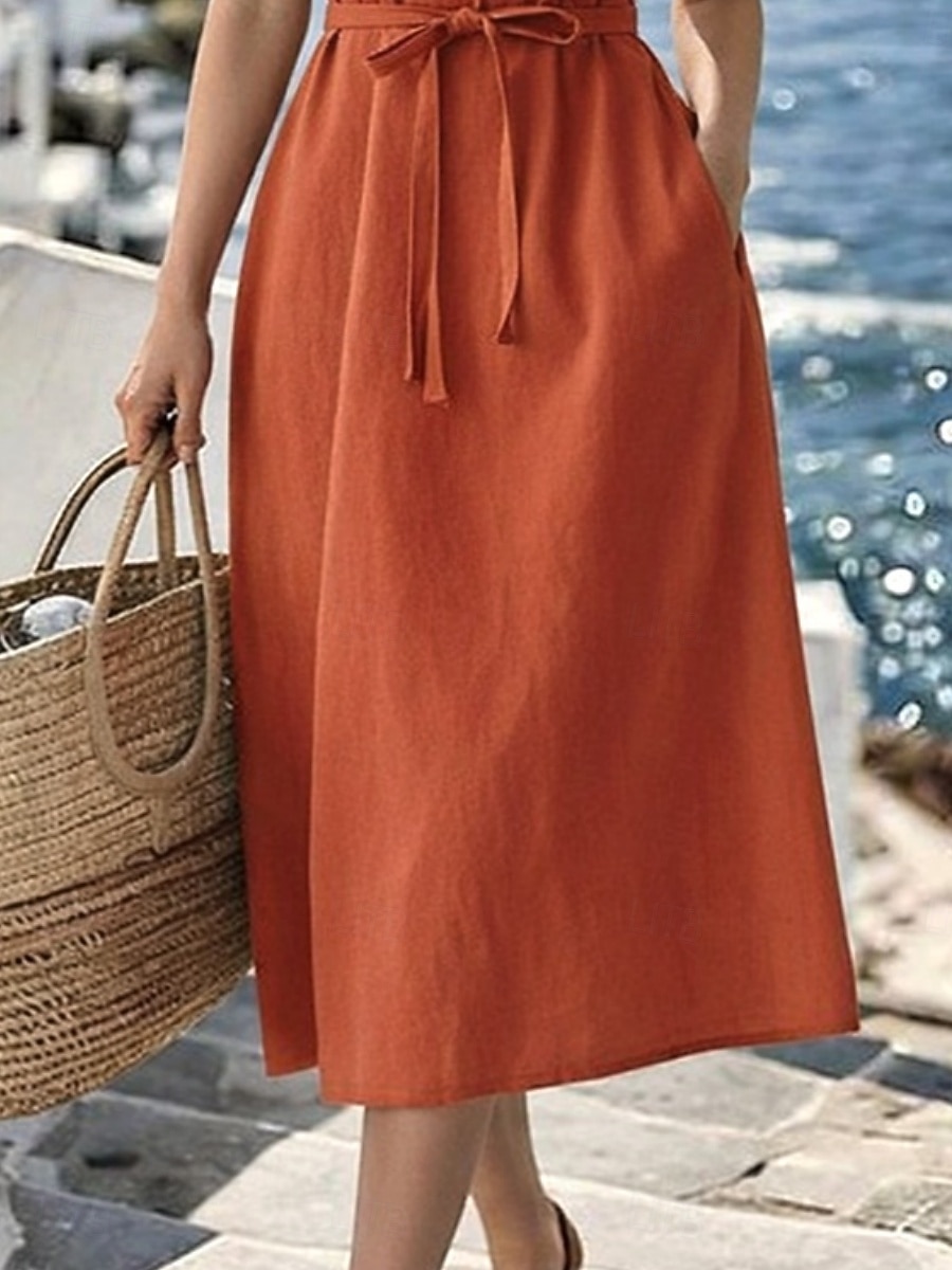Per donna Abito Midi Finto cotone e lino Abito a trapezio Casual Quotidiano Vestibilità regolare Semplice Senza Maniche Girocollo Blu marino Arancione Beige Grigio Estate Primavera del 2026 a $33.99 –P4