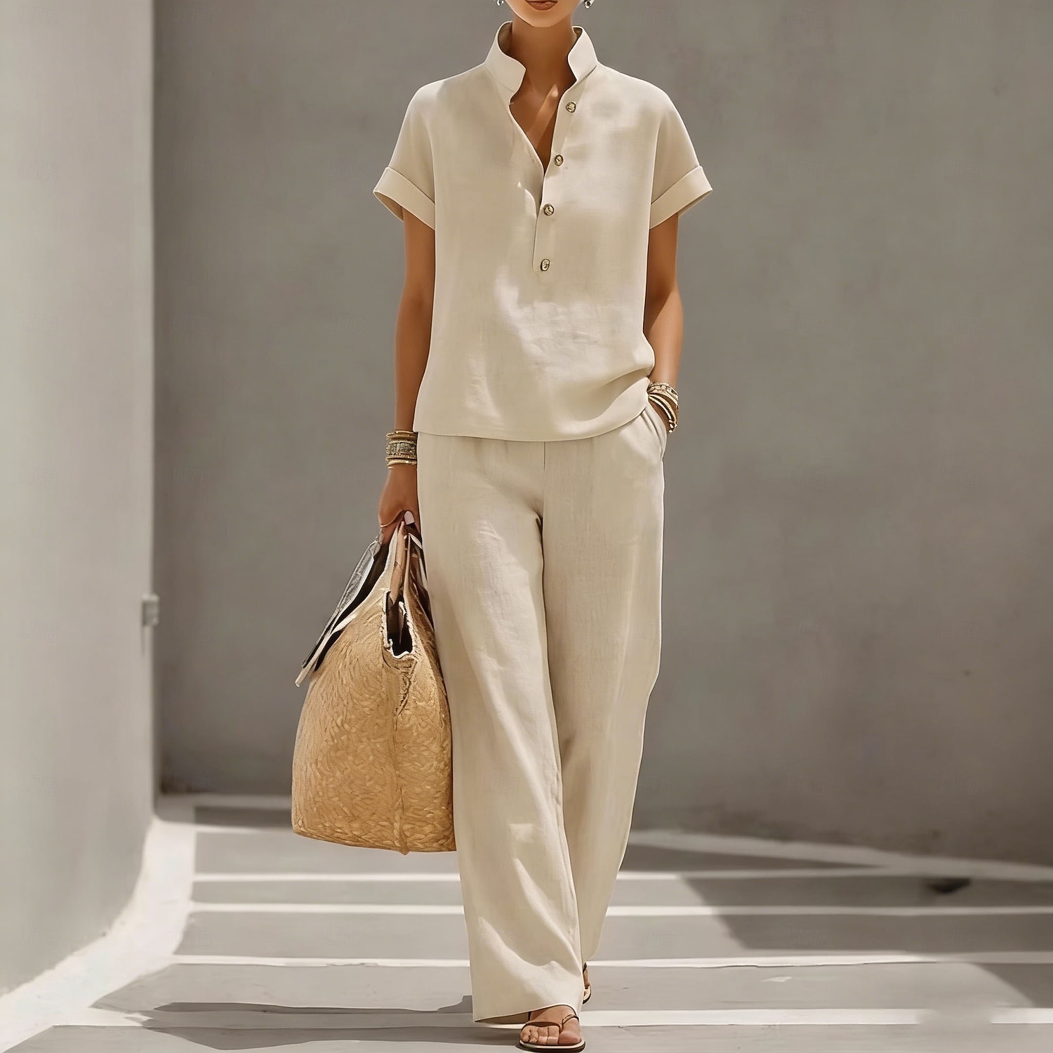 Pentru femei Seturi de pantaloni In din bumbac artificial Manșon scurt Guler de stand Culoare solidă Modă Șic Stradă Casual Zilnic În aer liber Albastru piscină Galben Trifoi Primavara vara Potrivire 2026 - $17.49 –P7