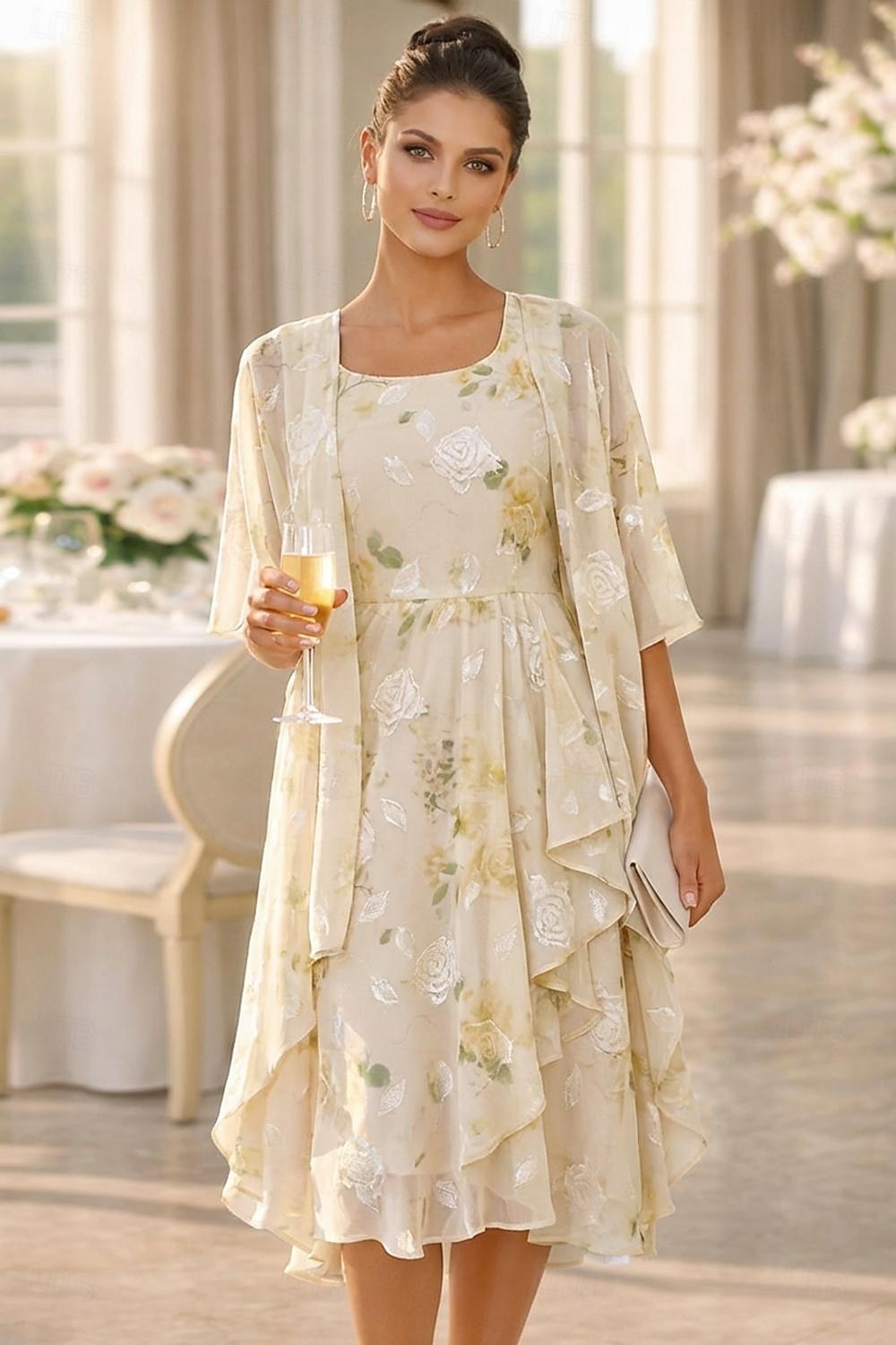 Tvådelad A-linje Telång Bröllopsgästklänning Ledig Klänning till brudens mor Halvlång ärm Rundhals Elegant Enkel Ledigt Formell Bröllopsgäst Helgdag Chiffong Sjal inkluderad med Blomtryck Veckad 2026 - $148.99 –P5