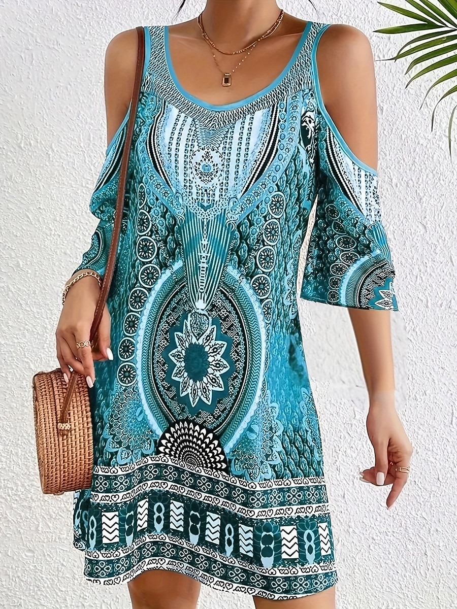 Dame Mini kjole Boho-kjole Vintage kjole Uformell kjole Elegant Mote Moderne Feriereise Ut på byen Helg Normal Geometrisk Stamme Halvlange ermer V-hals Blå Lilla Brun Grønn Sommer Vår 2026 - $25.99 –P9