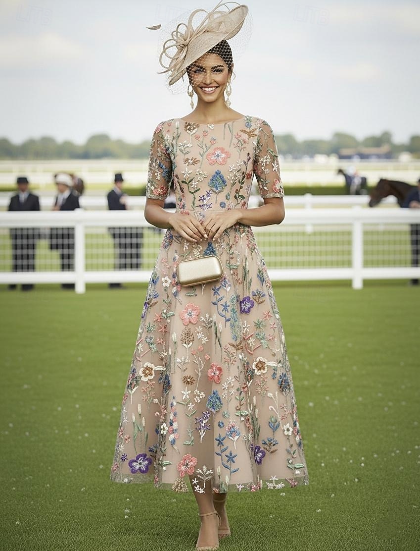 A-linje Kjoler Ankellengde Cocktail Kjole Gjestekjole til bryllup Kjole til brudens mor Halvlange ermer V-hals Elegant Fritid Formell Bryllupsgjest Kentucky Derby Chiffon Tyll med Blomstertrykk 2026 - $163.99 –P1