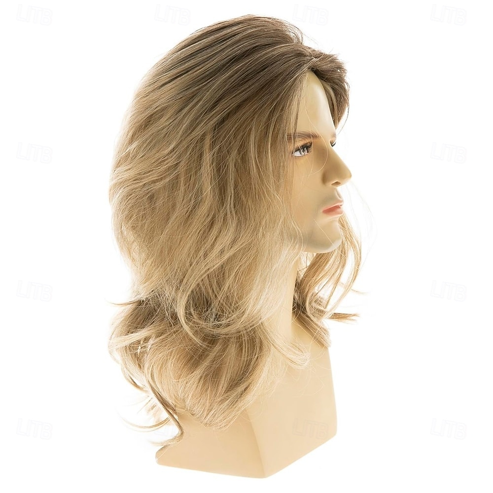 peruci lungi blonde pentru bărbați, perucă sintetică ondulată stratificată, pentru cosplay, petrecere 2026 - $31.99 –P4