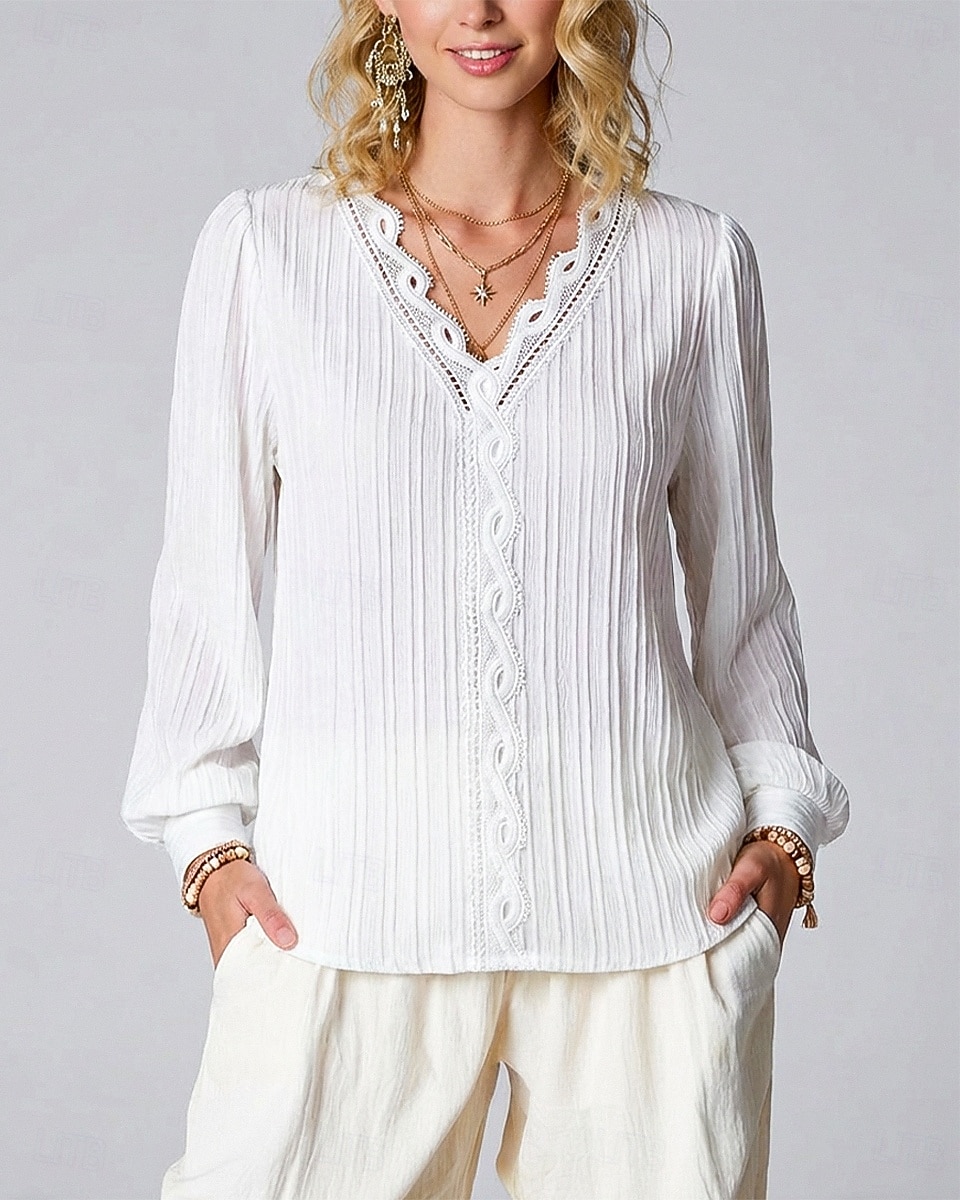 Women's Elegant T Shirt Lace Splicing Top Lace Patchwork Solid Color Elegant Stylish Basic Long Sleeve V Neck Regular Tops Daily Going out Weekend White Red Purple Orange Green Summer Spring Fall 2026 - $22.99 –P1