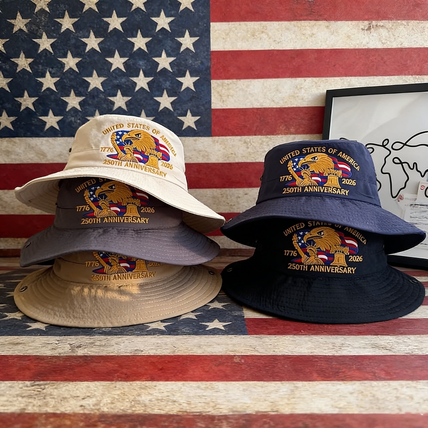 Vyšívaný rybářský klobouk k 250. výročí USA, americký kbelík k 250. výročí, 1776-2026, skládací vlastenecké sluneční klobouky pro muže i ženy, prodyšné a univerzální pro všechna roční období. 2026 - $21.99 –P3