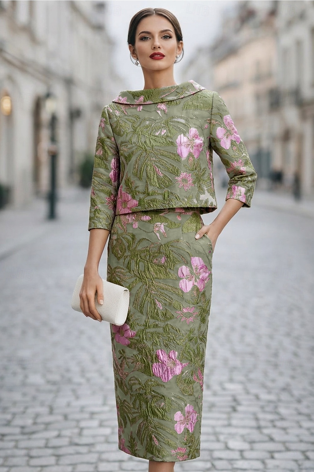 Strak kolom Jurk pak Tot de enkel Feestjurk Cocktail jurk Bruiloft gast jurk Moeder van de bruid jurk 3/4 mouw Boothals Elegant Vintage Formeel Bruiloft gast Kentucky Derby Jacquard met Bloemenprint 2026 - $154.79 –P1
